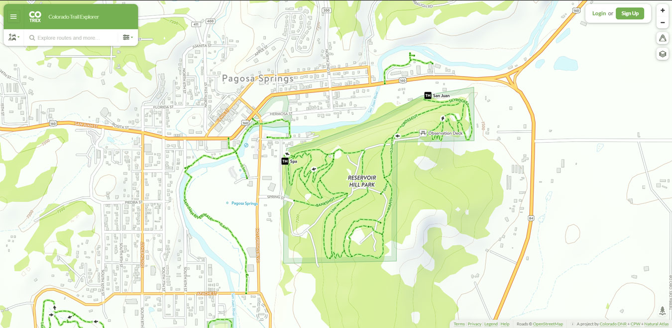 Map of Reservoir Hill Trails in downtown Pagosa Springs